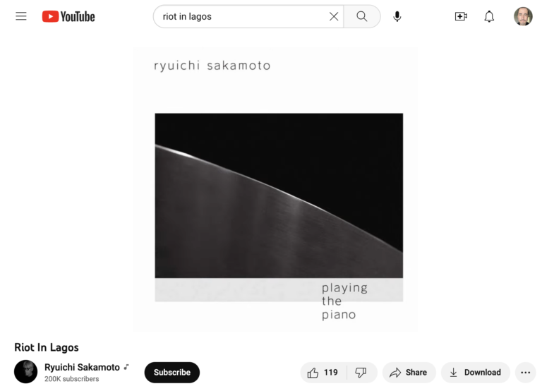 Ryuichi Sakamoto – Riot In Lagos (from Playing The Piano)